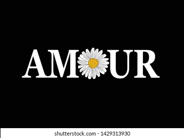 Decorative "Amour" (Love) text with golden daisy illustration