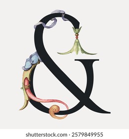 Decorative ampersand with floral and vine elements. Elegant design with colorful accents. Ampersand symbol adorned with artistic details and nature motifs. Vintage floral font vector.