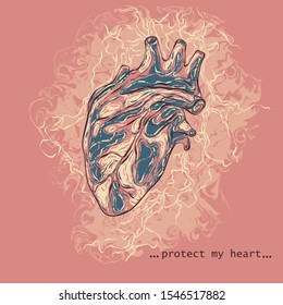 Decorative anatomical vector image of the heart. Internal organs. Blood vessels. Vector print. Postcard.
Hand-drawn image.