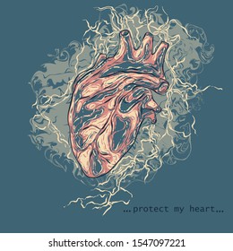 Decorative anatomical vector image of the heart. Internal organs. Blood vessels. Vector print. Postcard.
Hand-drawn image.
