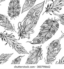 Decorative ancient magic symbol and trendy embellishment element bird feather doodle style black pattern abstract vector illustration