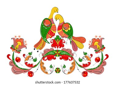  Decorative ancient pagan pattern traditional for northern Russian region of Dvina River. Ornament with birds of Paradise, vector, illustration