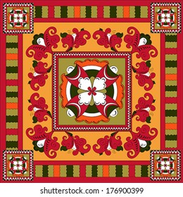 Decorative ancient pagan square pattern traditional for northern Russian region of Dvina River. Floral ornament, vector, illustration.