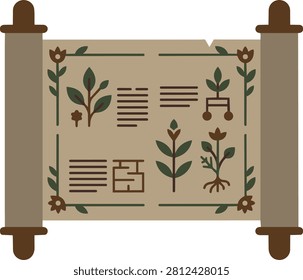 Decorative ancient scroll with herbal plant drawings and mystical script, perfect for traditional medicine concepts, apothecary branding, fantasy herbal lore, and wellness education materials