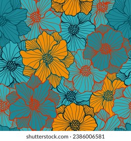 Decorative anemone flower seamless sample. Hand drawn floral ornament. Anemone bloom with outline petals. Textile print. Meadow blossom spring endless pattern botanic motif.