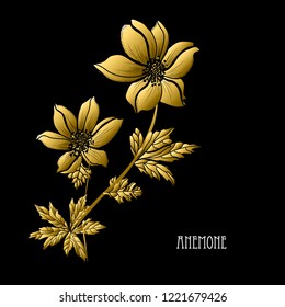 Decorative anemone flowers, design elements. Can be used for cards, invitations, banners, posters, print design. Golden flowers