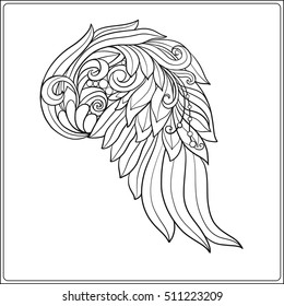 Decorative angel or bird wings. This illustration can be used as a greeting card or as a print on T-shirts, bags, tattoo, badges or patch. Stock line vector illustration.