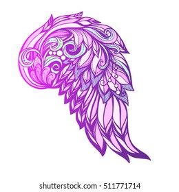 Decorative angel or bird wings. This illustration can be used as a greeting card or as a print on T-shirts, bags, tattoo, badges or patch. Stock line vector illustration.