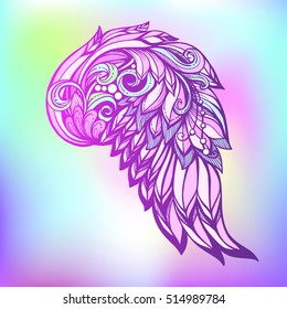 Decorative angel or bird wings. This illustration can be used as a greeting card or as a print on T-shirts, bags, tattoo, badges or patch. Stock line vector illustration.