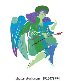 Decorative angel with wings and an arrow, vector illustration in cold colors.