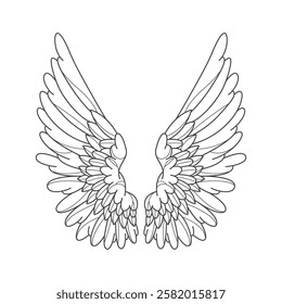 Decorative angel wings isolated. Vector contour for winged bird element. Sign for inspiration and divine, sacred and spiritual mascot. Medieval heraldic or mythical, angelic tattoo. Celestial ornament