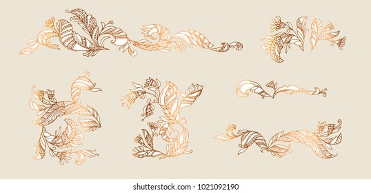 Decorative angel's wings feathers. Boho hand drawn stock vector illustration. Magic fairy tale decorative design element for card, invitations, pattern.