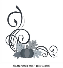 Decorative angle border with pumpkin, leaves, cranberry and swirl pattern. Halloween or thanksgiving vector illustration on white background