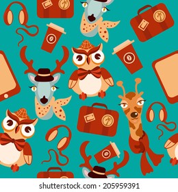 Decorative animal hipsters seamless background of owl deer giraffe vector illustration.