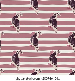 Decorative animal seamless pattern with outline parrots doodle print. Striped purple background. Perfect for fabric design, textile print, wrapping, cover. Vector illustration.