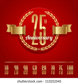 Decorative anniversary golden emblem - vector illustration (red background - seamless)