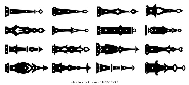 Decorative antique black arrow hinges set vector flat illustration. Vintage accents for garage and barn doors gates trunks barrels collection. Retro hardware curved ornamental metallic elements