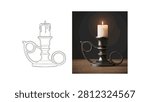 Decorative antique candle holder with a burning wick displayed as both a detailed line art sketch and colored illustration on white background