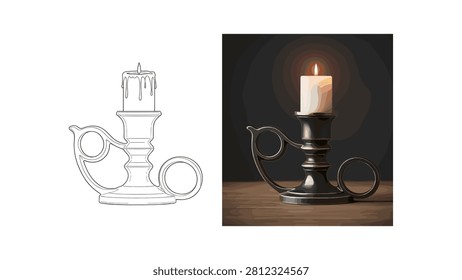 Decorative antique candle holder with a burning wick displayed as both a detailed line art sketch and colored illustration on white background
