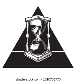 Decorative antique death hourglass illustration with skull. Hand drawn tarot card. Sketch for dotwork tattoo, hipster t-shirt design, vintage style posters. tattoo design vector.