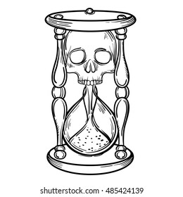 Decorative antique death hourglass illustration and skull  Hand drawn tarot card  Sketch for dotwork tattoo  hipster t  shirt design  vintage style posters  Coloring book for kids   adults 