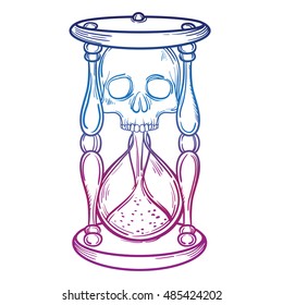 Decorative antique death hourglass illustration and skull  Hand drawn tarot card  Sketch for dotwork tattoo  hipster t  shirt design  vintage style posters  Coloring book for kids   adults 