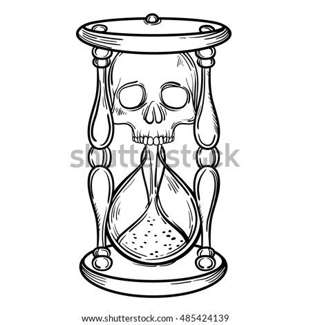 Decorative antique death hourglass illustration with skull. Hand drawn tarot card. Sketch for dotwork tattoo, hipster t-shirt design, vintage style posters. Coloring book for kids and adults.