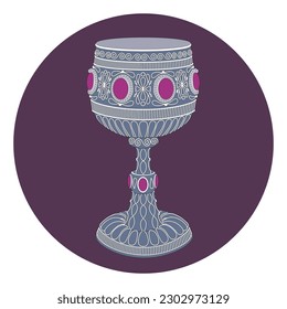 Decorative Antique Goblet. Medieval golden chalice. Vintage engraved cup with decorative elements. Vector EPS10 flat illustration