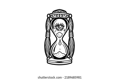 Decorative antique hourglass illustration isolated white  hand drawn vector tarot card  sketch for artwork tattoo  hipster t  shirt design  vintage style posters  coloring book for kids   adults