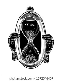 Decorative antique hourglass illustration with skull. Sketch for dotwork tattoo, hipster t-shirt design, vintage style posters.