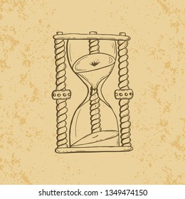Decorative antique hourglass isolated on white. Hand drawn vector art. Vintage style posters.