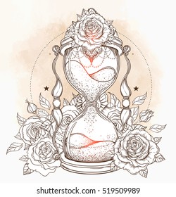 Decorative antique hourglass and roses illustration isolated white  Hand drawn vector art  Sketch for dotwork tattoo  hipster t  shirt design  vintage style posters  Coloring book for adults 