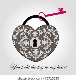 Decorative Antique Lock with Key  - Heart Shaped