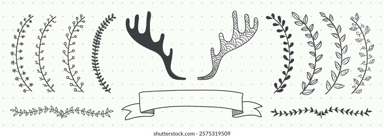 Decorative antlers and leaf branches in black and white. Antlers with intricate designs. Leaf branches create a natural, elegant look. Nature illustrations, vector set.