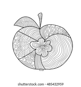 Decorative apple with a beautiful pattern. Freehand sketch with doodle element. Print on T-shirts, banners, posters, covers. Coloring page book for adults and children.
