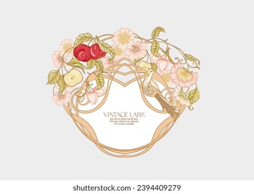 Decorative apple, flowers and bird in art nouveau style, vintage, old, retro style. Border, frame, template for product label, cosmetic packaging. Easy to edit. Vector illustration.