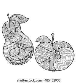Decorative apple and pear with a beautiful pattern. Freehand sketch with doodle element. Print on T-shirts, banners, posters, covers. Coloring page book for adults and children.