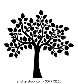 Decorative apple tree. Black and white tree. Vector illustration. 