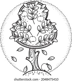 Decorative apple tree with fruits in a clearing. Monochrome vector illustration. Coloring book, tattoo