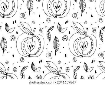 Manzanas decorativas con dibujo de doodle a mano de hoja de dibujo a un patrón sin fisuras. Frutos lineales. Ilustración vectorial abstracta natural. Comida Plantilla repetida para fondo, textil, papel de envoltura, papel tapiz.
