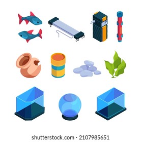 Decorative aquarium. Interior glass tanks with water different 3d shapes home for fishes tools for aquarium filter underwater reef tropical pets garish vector isometric set