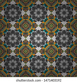 Decorative arabic round ornate mandala in gray, blue and yellow colors. Abstract colorful background for invitation, wedding card. Vintage vector seamless pattern for print or fabric.