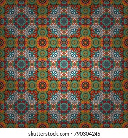 Decorative arabic round ornate mandala in blue, orange and green colors. Vintage vector seamless pattern for print or fabric. Abstract colorful background for invitation, wedding card.