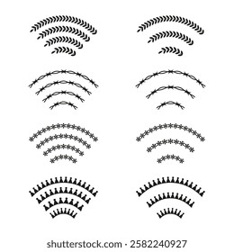 Decorative arc patterns. Wi Fi inspired shapes. Barbed wreath elements. Minimalist black designs.