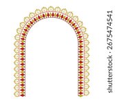 Decorative arch frame with golden pattern. Ornamental arch-shaped frame in red and gold design, featuring floral and geometric details, ideal for invitations, posters, or festive art. Durga Puja Frame