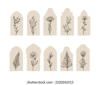 Decorative arch frames with floral and leaves branches. Boho style decor, vintage arabic windows and doors silhouettes. Vector collection for design, branding, banners