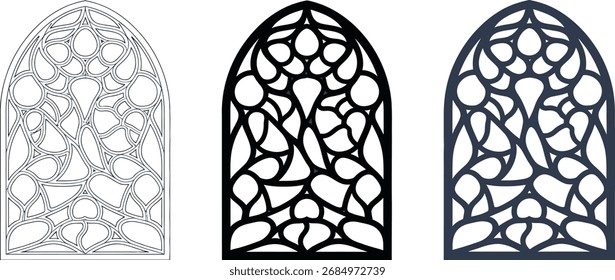 Uma janela decorativa arqueada com um padrão orgânico abstrato e fluente no estilo Art Nouveau. O conjunto inclui contorno, silhueta e versão colorida.