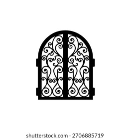 Decorative Arched Wrought Iron Gate Vector Illustration Elegant Filigree Scrollwork Silhouette Icon for Luxury Real Estate Logo Design