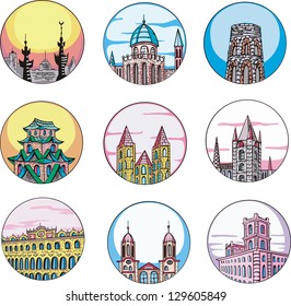 Decorative architectural dingbats with temples and towers
