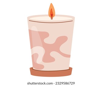 Decorative aroma candle for home interior with fire. Vector isolated flat illustration.